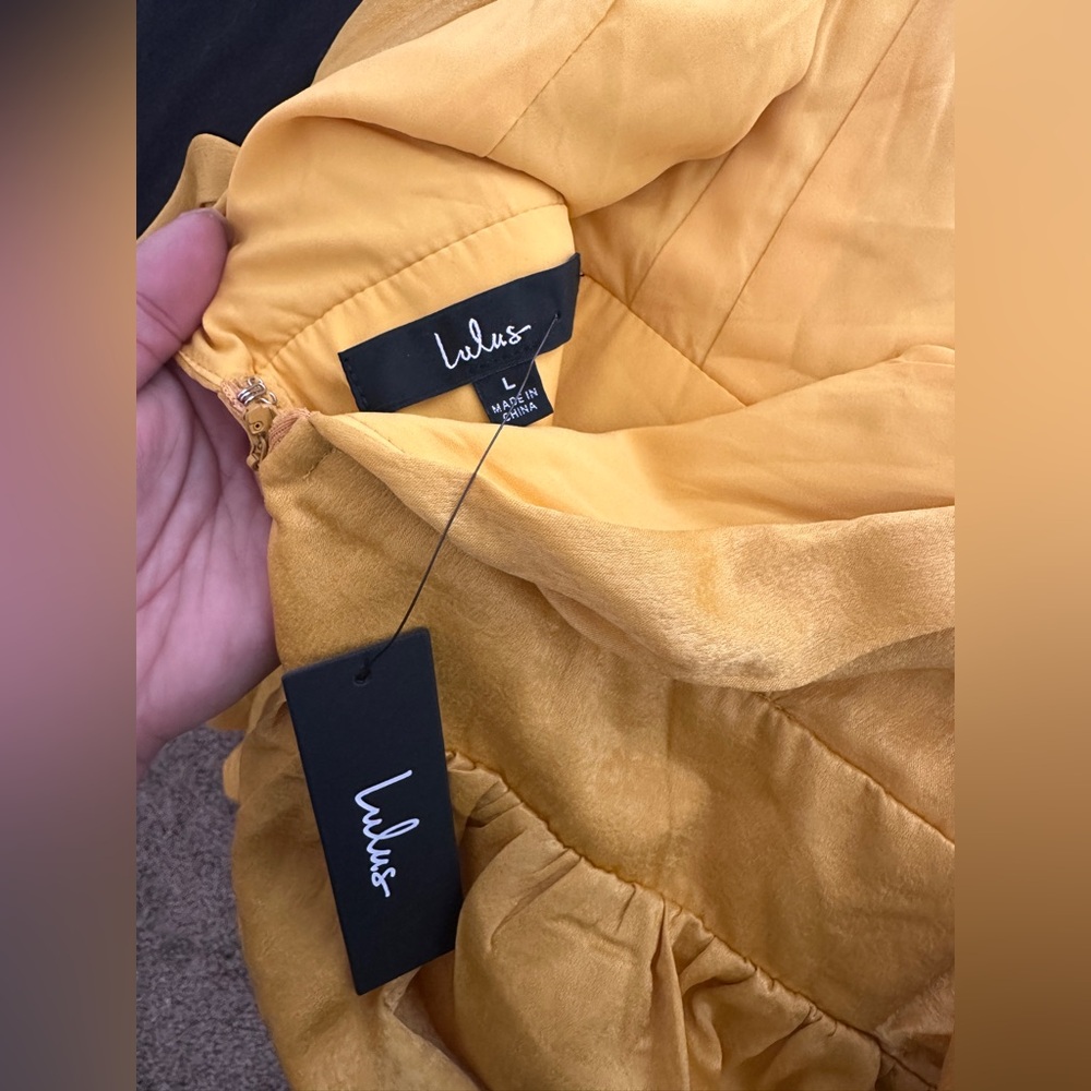 Lulu's Peak Party Vibe Mustard Yellow Satin Tiered Tie-Back Midi Dress - Picture 5 of 5